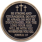 Christian Warrior Challenge Coin - Alpha And Omega - Joshua 1:9 - Crafted Of Metal Alloy, Detailed 3D Relief On Each Side, Antique Brass Finish, Diameter 1 1/2”
