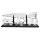 The set includes a premium glass decanter and four high-ball glasses, a set of whiskey stones and a small decorative glass