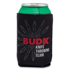 A can is shown inside a black koozie printed with white fanned knife graphic and “BUDK KNIFE THROWING TEAM” in red and white lettering.