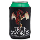 A can is shown inside a black koozie with “TRUE SWORDS” and www.trueswords.com shown in white letters beneath a red dragon and sword logo.
