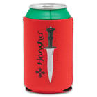 A can is shown inside a red koozie printed with black “HONSHU” logo and image of a dagger with black handle.