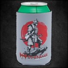 A can is shown inside a gray koozie printed with red “SHINWA” logo beneath the image of a samurai warrior in front of a red sun.