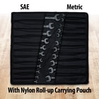 The wrench set shown in its roll-up carry pouch