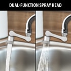 Close up images showing the dual-function spray head of the Rotating Arm Faucet.