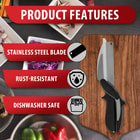 This picture lists the product features of the Samurai 2-in-1 Smart Cutter, which are a stainless steel blade, rust resistance, and being dishwasher safe.