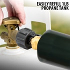 Full image showing the Propane Refill Adapter connected to a 1LB propane tank.