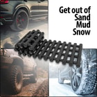 Text stating “Get out of Sand, Mud, Snow” is shown above a photo of the partially unrolled BugOut Roll-Up Traction Tracks with photos of tires in the background.