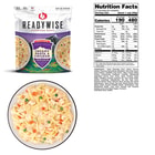 The pasta and chicken shown in a bowl, in a pouch and the nutritional information