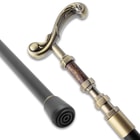 Close up image of the handle, wood inlay, and the rubber toe of the Swagger Stick Sword Cane and sheath.