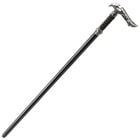 Kit Rae Axios forged sword with a carbon steel blade in a black tpr cane shaft with a metal handle and faux leather wrappings
