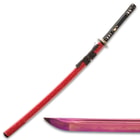 Shinwa sword encased in red sparkle saya with genuine rayskin wrapped handle adjacent to T10 steel blade with copper finish
