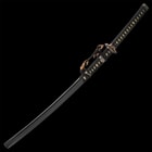 The 39 1/2” overall katana slides into a hand-lacquered, black scabbard, which features cavalry hanging hardware and cord-wrapping