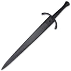 The 40” overall single-hand sword slides smoothly into a premium black leather scabbard with metal accents