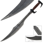 The spartan sword is shown with various views of the sharp, curved blade made from solid carbon steel. 