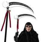 Scythe shown with crescent moon shape on the back of the scythe blade, just above a red ribbon and bells, and held by a grim reaper. 
