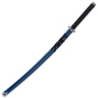 The 39 3/4” overall katana slides smoothly into its blue lacquered scabbard, which has black cord-wrap and metal accents