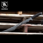 K Exclusive Secret Agent tactical ninja sword with teeth-like serrations on the black blade and black nylon cord wrapped handle displayed on wooden pallets. 