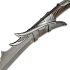 The collectible fantasy sword has a 23 3/4”, 420 stainless steel blade with etched runes and special “dark iron” finish