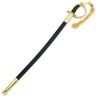 The black and brass scabbard matches the brass plated wire wrapped handle and brass plated guard of the sword. 