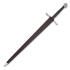 The Honshu Historic Forge 15th Century Bastard Sword is shown in its sheath that is made of wood and leather.