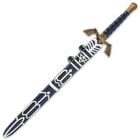 The 37 1/4” overall fantasy sword slides smoothly into its matching, genuine leather-wrapped, hardwood scabbard