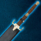 The hardwood handle of the sword is shown with brass pommel and guard and is secured by a strap into the leather scabbard. 