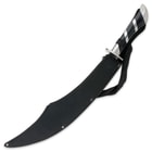 The sheath is made from durable black nylon and has a strap. 