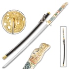 Sword of the Dragon shown next to black lacquered scabbard and view of detailed brass plated tsuba and dragon pommel. 