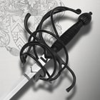 A closeup view of the black wire wrapped handle with intricate black twisted steel guard. 