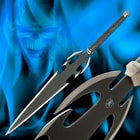 Triple bladed sword with black coated stainless steel blades and black hardwood handle on blue flame skull background.