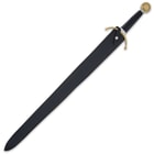 The 40 1/2” overall great sword slides smoothly into its genuine, black leather scabbard, which has a belt loop