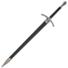 The 37 3/4” overall sword can be stored in its black leather sheath, accented with a pewter-colored alloy mouth and tip