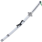 The 39” overall katana slides smoothly into a white wooden scabbard, which has metal accents and black cord-wrap