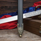 This image shows the cast details of the scabbard and the etchings on the blade of the Mio Cid Knight's templar rapier sword