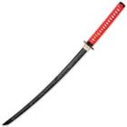 The razor-sharp, sword has a 28”, black 1045 carbon steel blade with laser-etching and it extends from a brass habaki