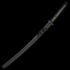 The 41 7/10” overall katana slides smoothly into a matte black, wooden scabbard with a black cord-wrap accent
