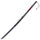 Full side view of the Odachi sword with 35 1/2" heat forged carbon steel blade and black and maroon cord wrapped handle.