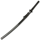 The 41 1/2” overall katana slides smoothly into a black, lacquered wooden scabbard with black cord-wrap accents