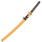 The 41” overall katana slides securely into its bright yellow painted wooden scabbard with a black cord-wrap accent