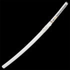 The 39 1/2” overall katana slides smoothly into a white lacquered, wooden scabbard, which also holds the small knife