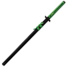The black scabbard has a green hanging cord that matches the green cord wrapped handle. 