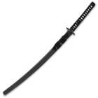 The katana can be stored in a black lacquered wooden scabbard