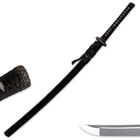 The black hardwood scabbard has an high quality piano paint finish and the 1060 carbon steel blade point is razor sharp. 