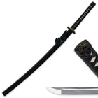 The glossy black scabbard is shown next to a zoomed view of the 1060 high carbon steel blade of the katana. 