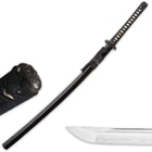 The hardwood scabbard is shown with a glossy black finish between detailed shots of the katana pommel and blade point. 