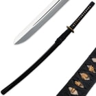 A zoomed view of the high carbon steel blade is shown next to the katana inside the scabbard and a closeup of the brass menuki. 