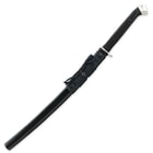 The black wooden scabbard has a black hanging cord. 