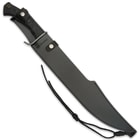 The 23” overall length razor-sharp knife snaps securely into its heavy-duty leather belt sheath for secure storage and carry