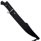 The 23” overall length razor-sharp knife snaps securely into its heavy-duty leather belt sheath for secure storage and carry