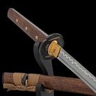 Detailed view of the matching tigerwood on both the scabbard and handle of the Shikoto Tigerwood Wakizashi.